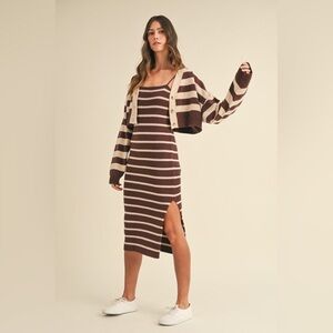 246. Knit Stripe Cardigan And Dress Set in Bark Brown